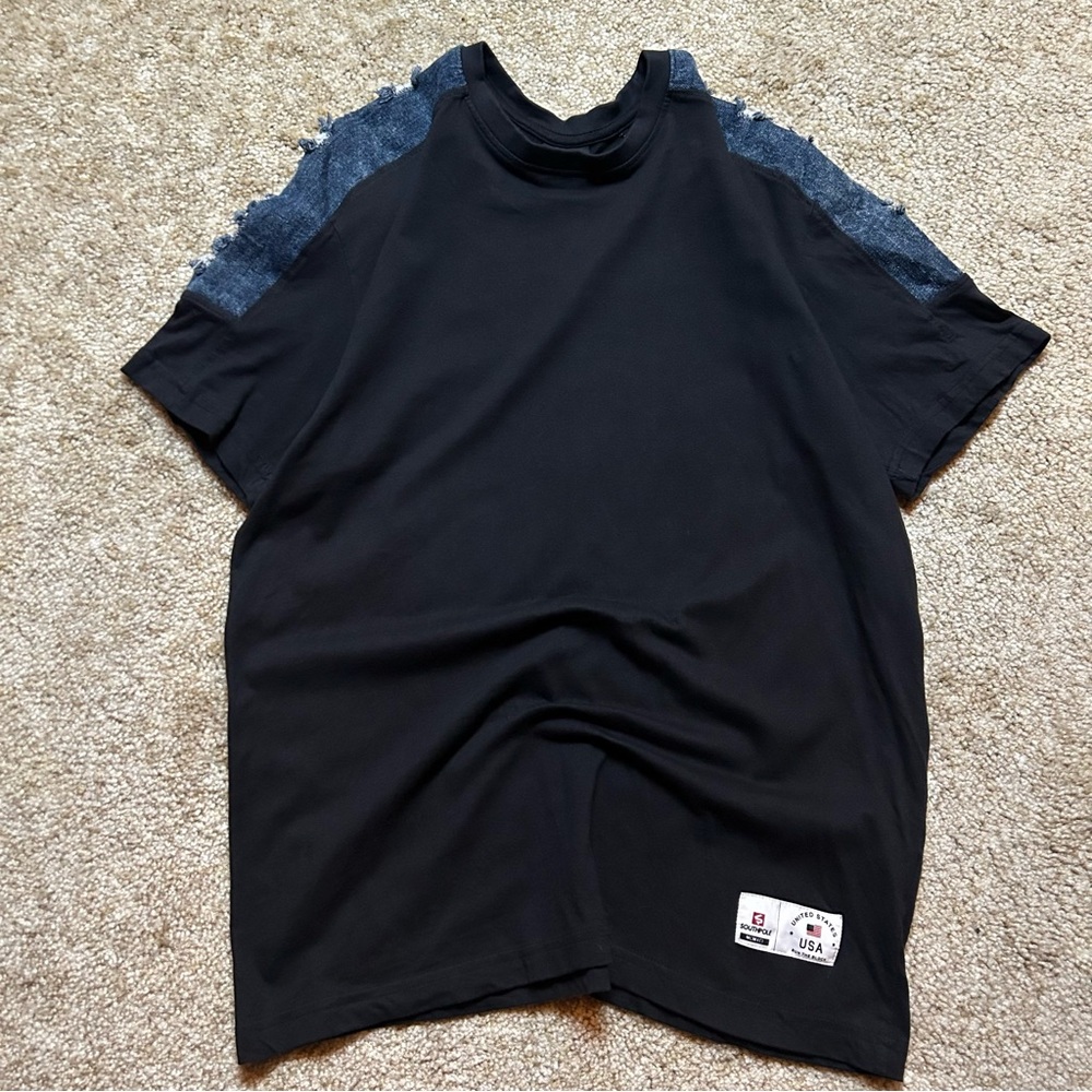Vintage SouthPole Black Distressed Jean Shoulder Shirt 1991 T-Shirt Size M Y2K